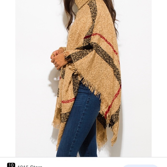 ❣️SALE❣️NEW!Plaid poncho turtleneck gray-brown plaid - Picture 10 of 14